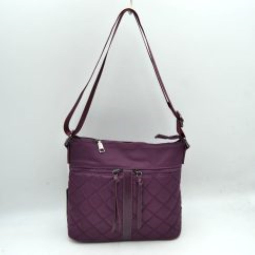Quilted Crossbody Bag with Front Zipper Pockets and Adjustable Strap