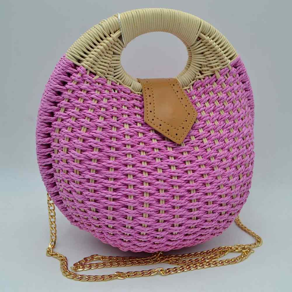 Round Woven Straw Handbag with Rattan Cutout Handle