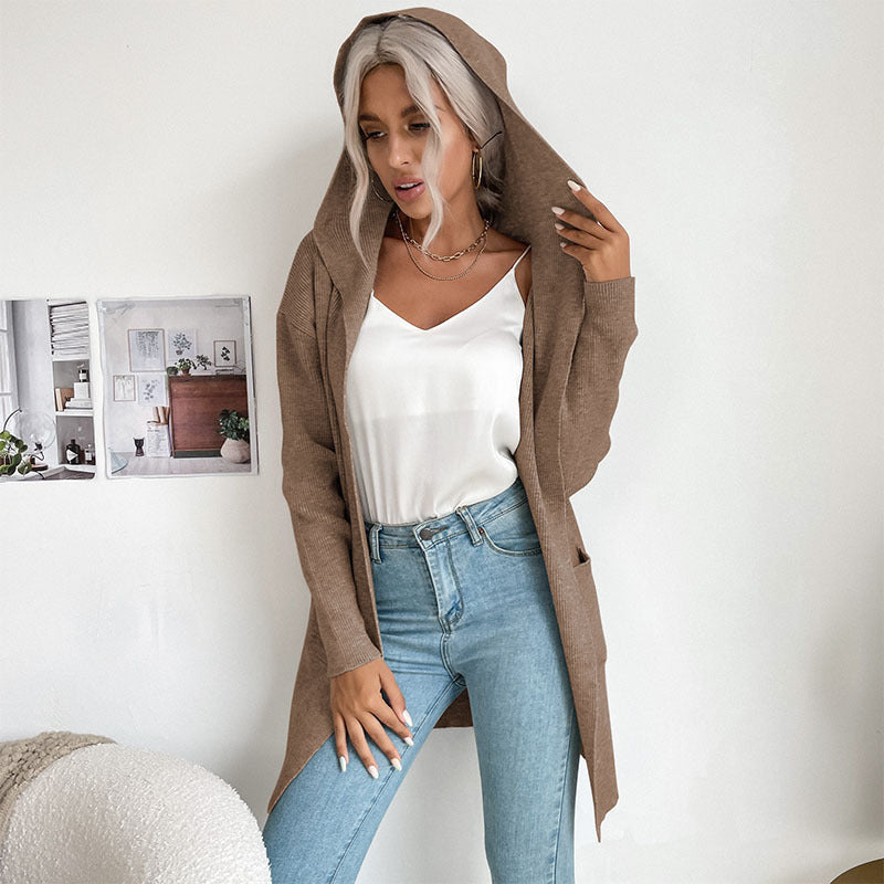 women's hooded pit knitted sweater cardigan coat - Closther