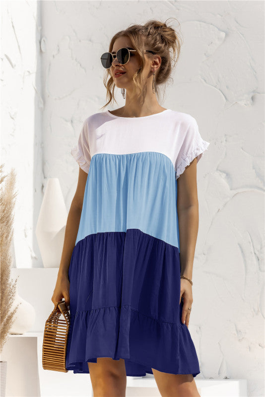 Robe-chemise bébé ample à manches courtes et blocs de couleur pour femme 