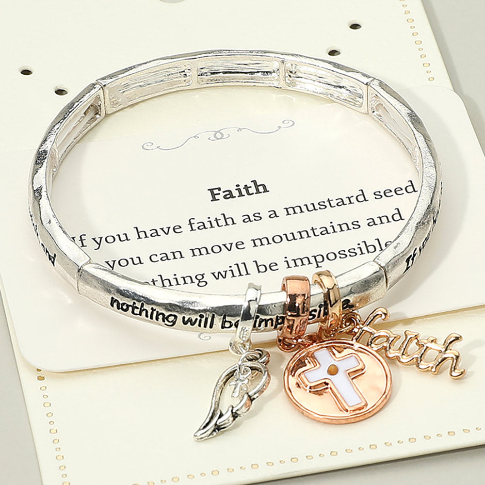 FAITH Message Cross Medal Angel Wing Charm Stretch Bracelet
