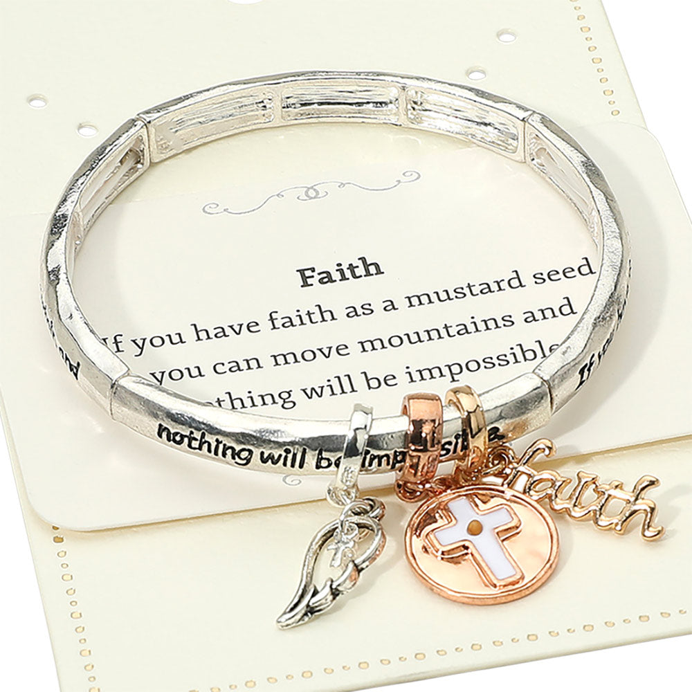 FAITH Message Cross Medal Angel Wing Charm Stretch Bracelet