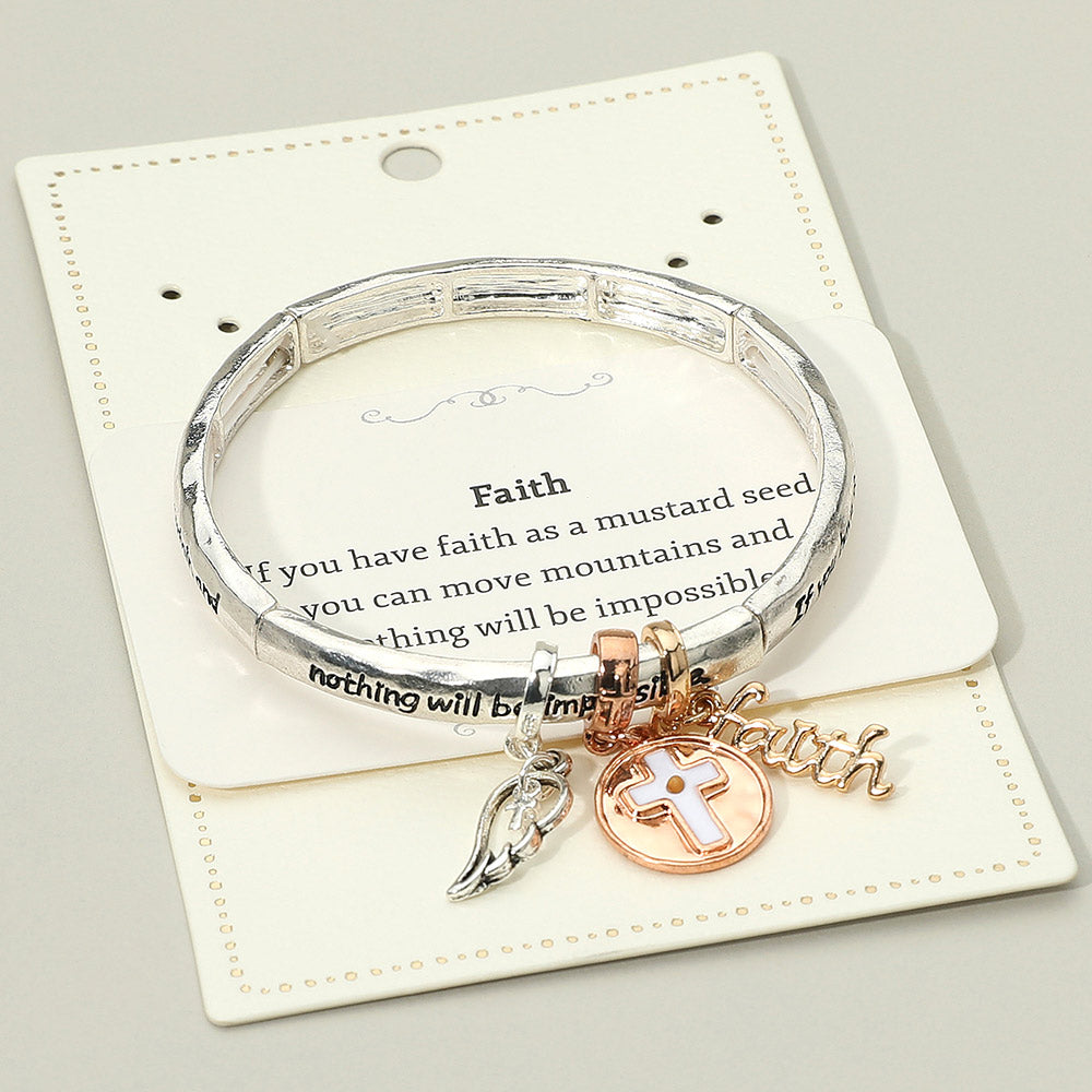 FAITH Message Cross Medal Angel Wing Charm Stretch Bracelet