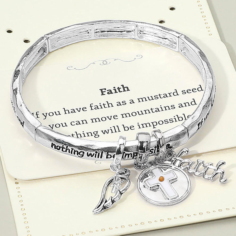 FAITH Message Cross Medal Angel Wing Charm Stretch Bracelet
