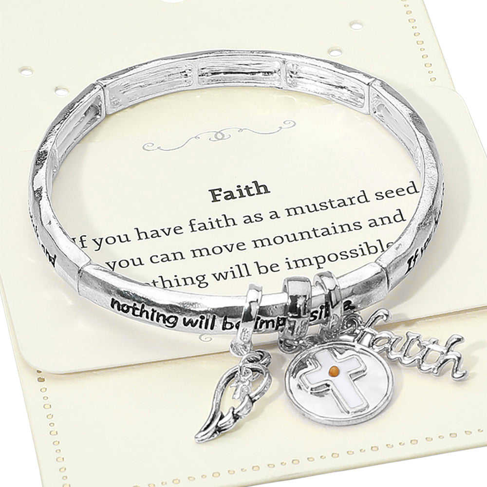 FAITH Message Cross Medal Angel Wing Charm Stretch Bracelet