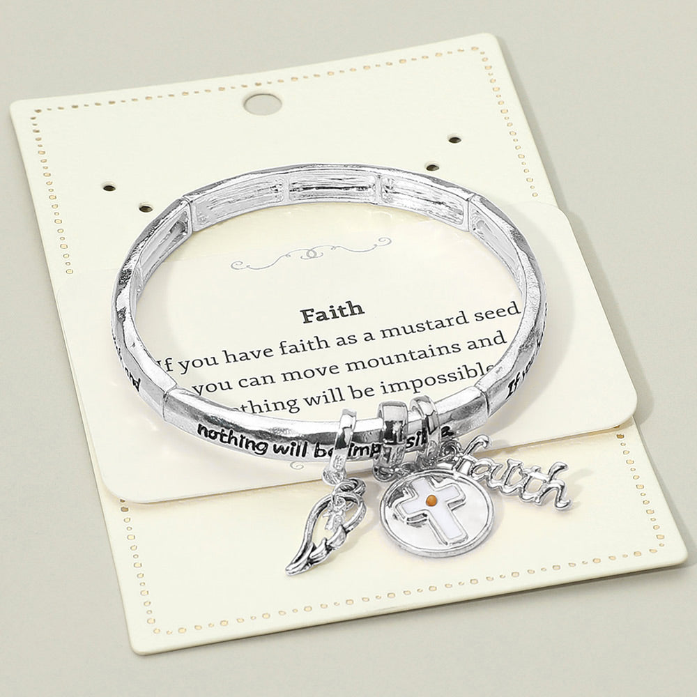 FAITH Message Cross Medal Angel Wing Charm Stretch Bracelet