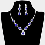 Teardrop Stone Accented Rhinestone Pave Necklace Clip on Earring Set