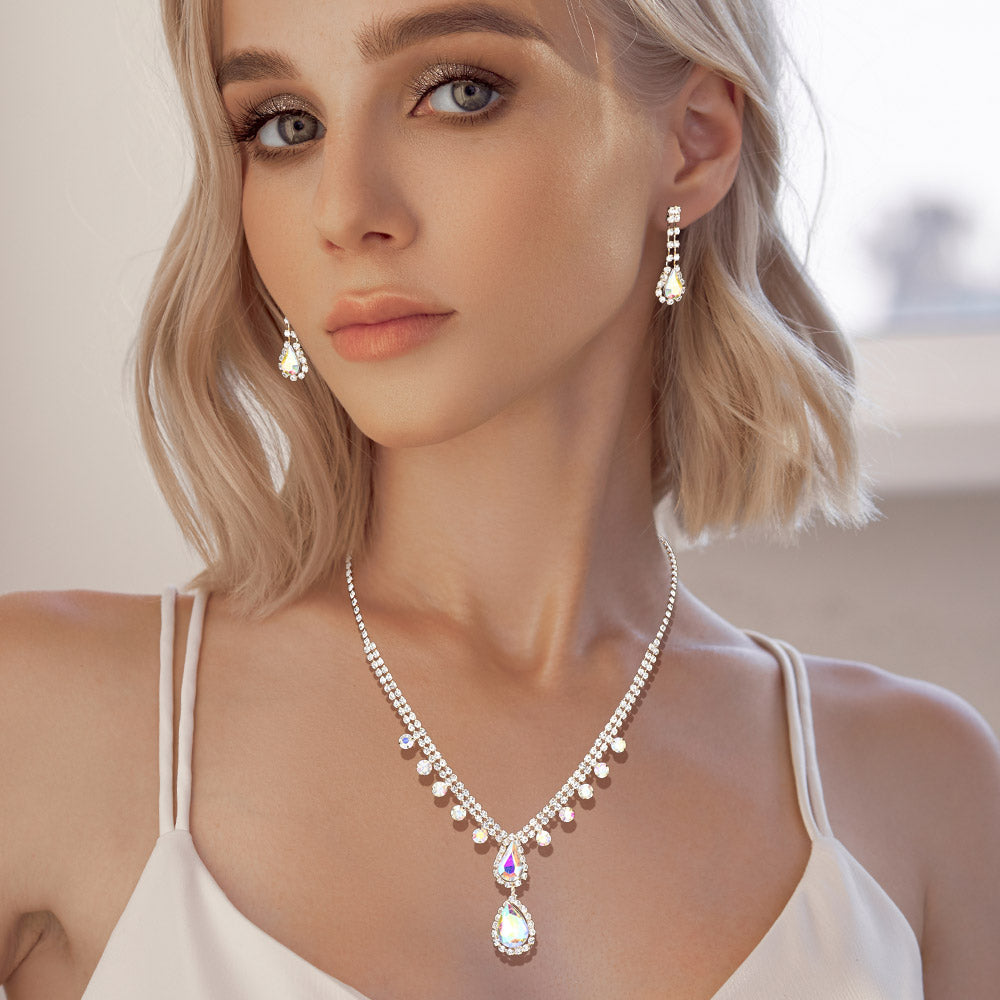 Teardrop Stone Accented Rhinestone Pave Necklace