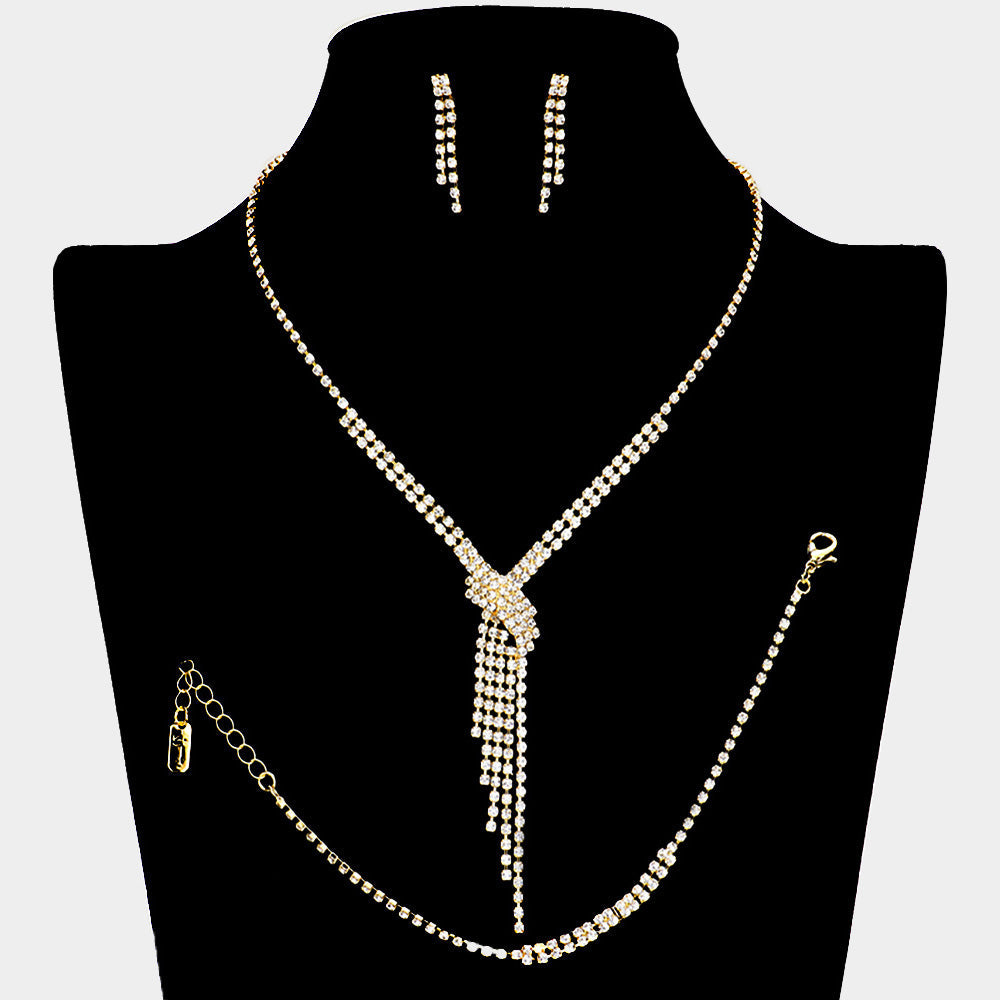 Rhinestone Paved Fringe V Shape Necklace Jewelry Set