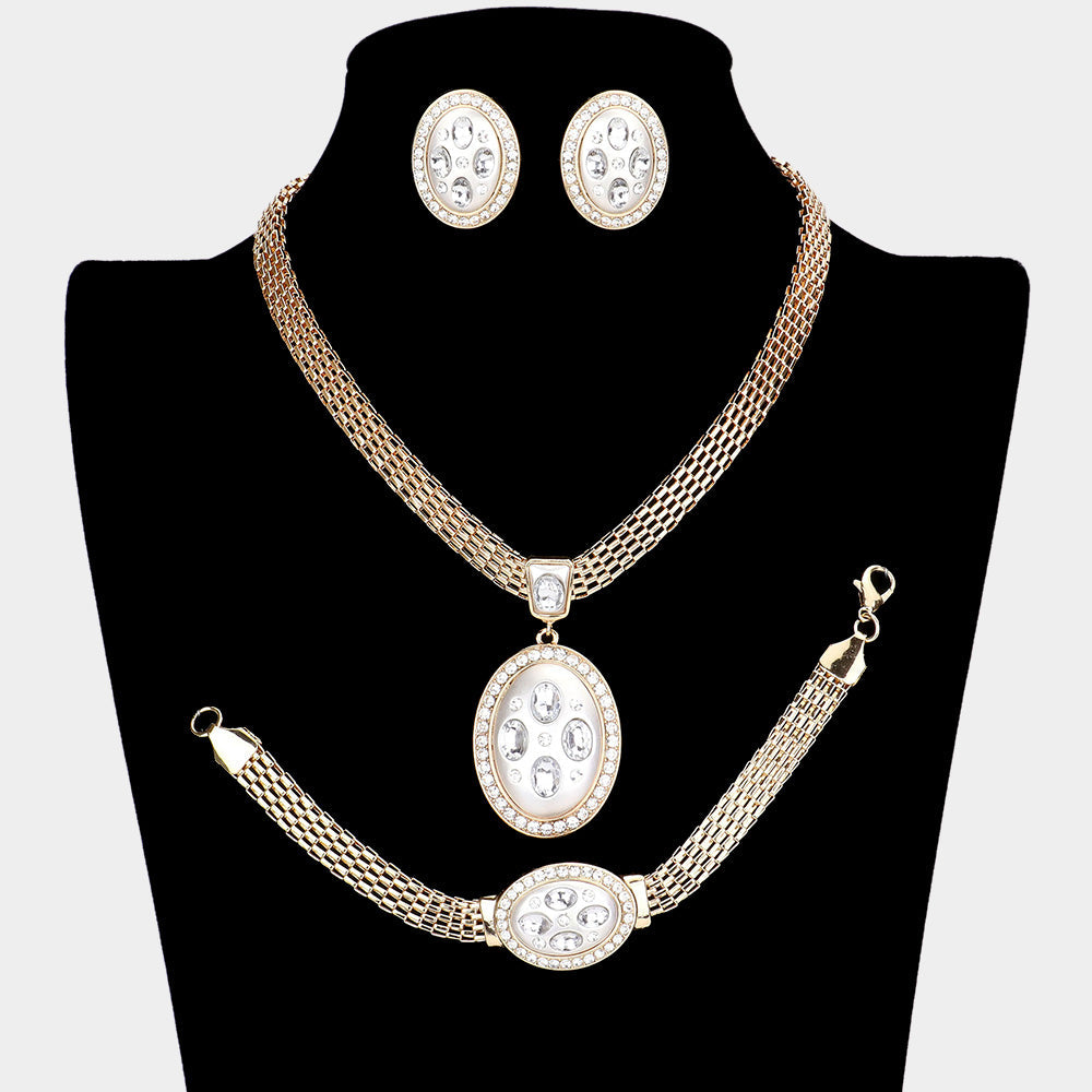 Marquise Rhinestone Trim Oval Dangle Necklace Jewelry Set