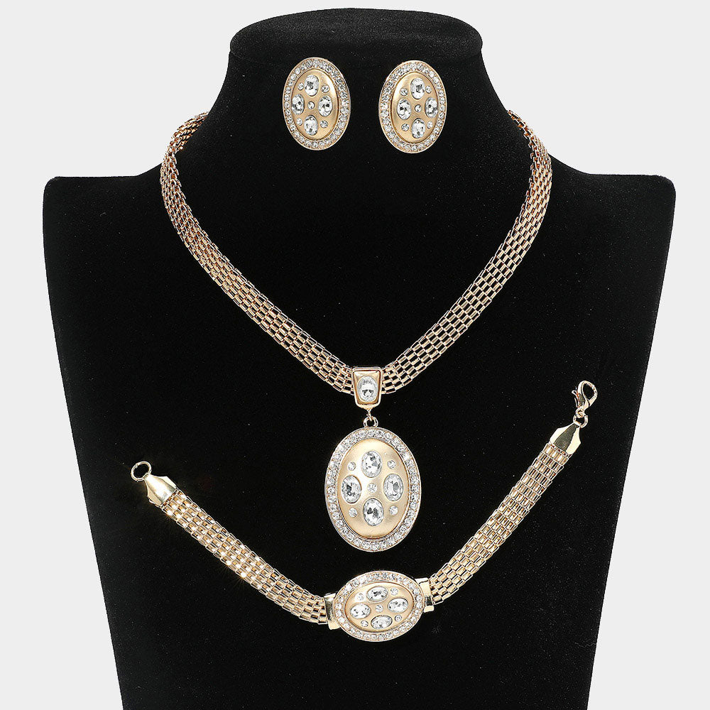 Marquise Rhinestone Trim Oval Dangle Necklace Jewelry Set