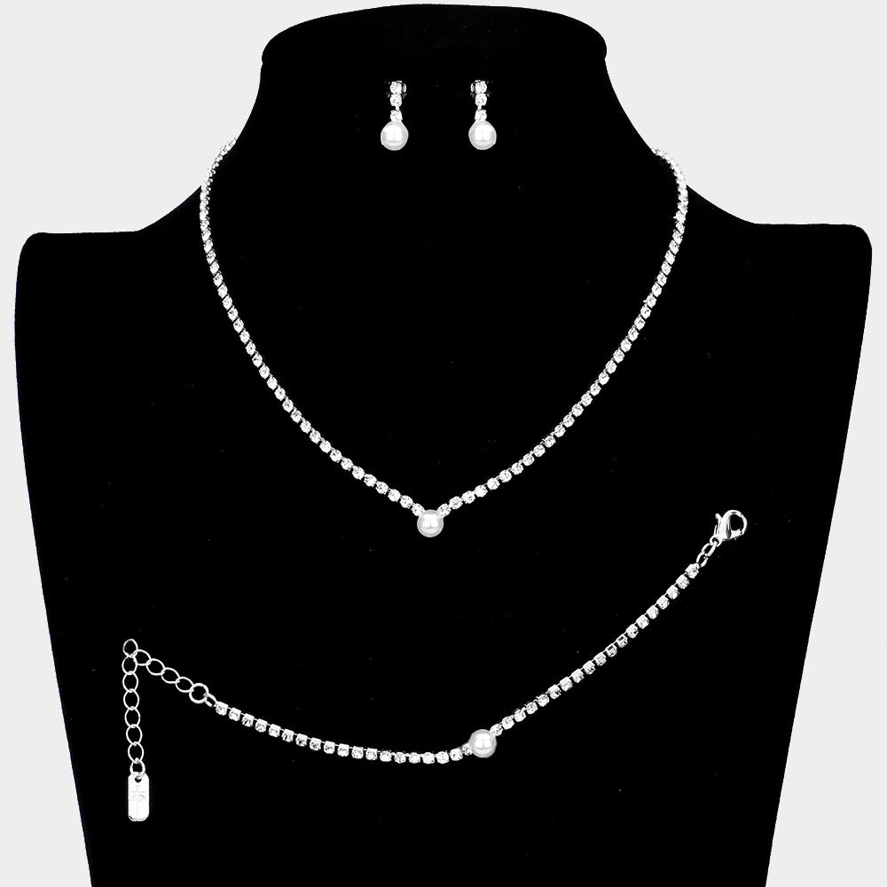 3PCS - Pearl Accented Rhinestone Necklace Jewelry Set