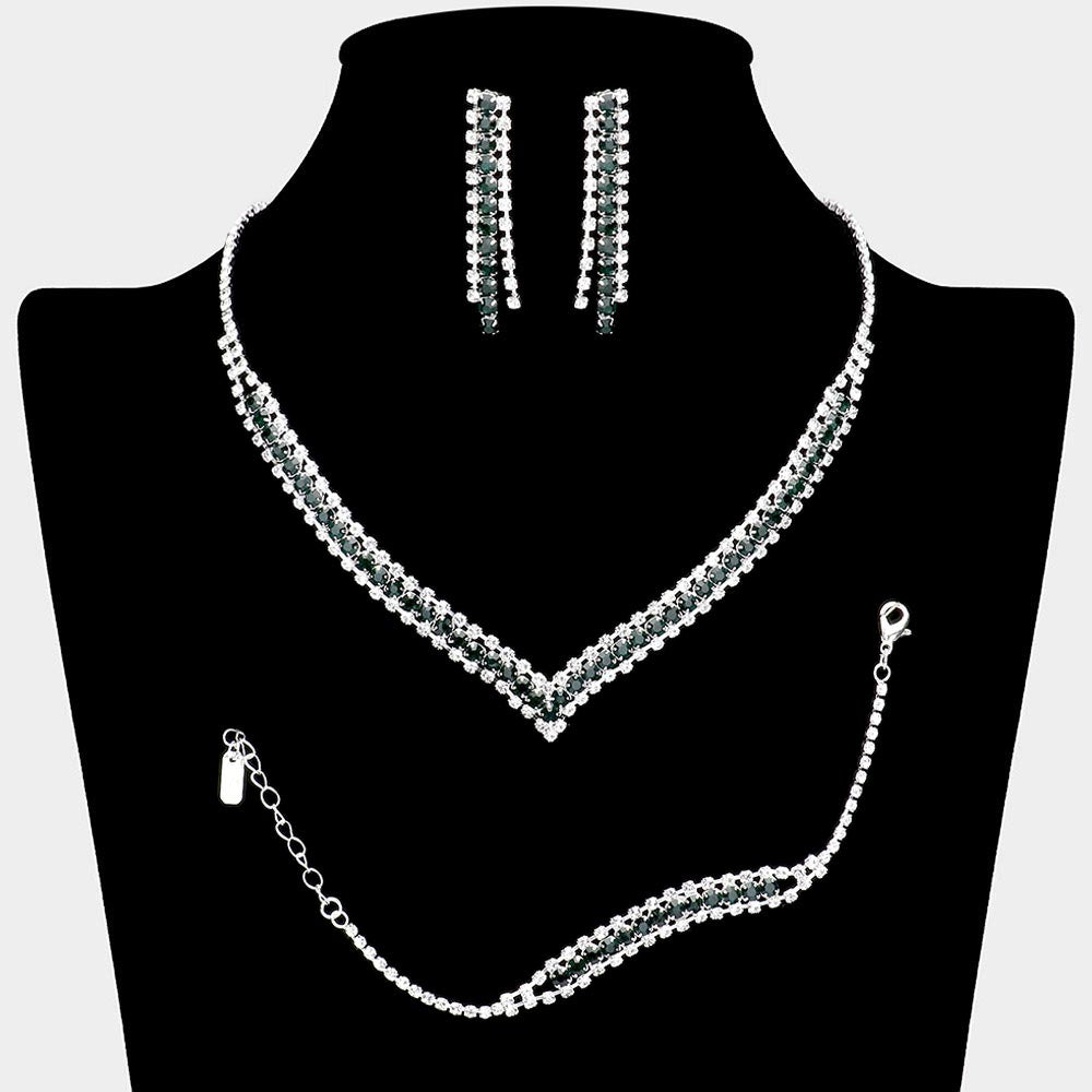 3PCS - Round Stone Detail Rhinestone Necklace Jewelry Set