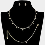 Cross CZ Stone Station Rhinestone Paved Necklace Jewelry Set