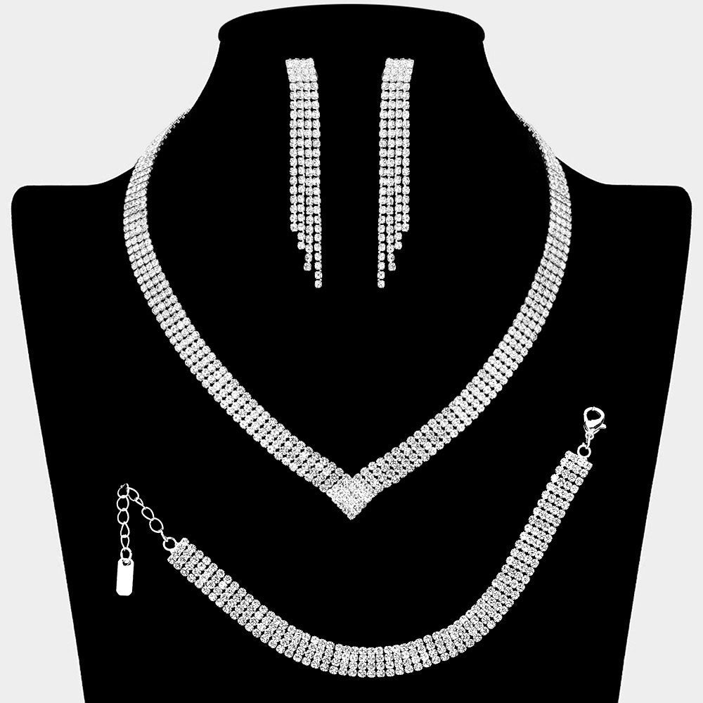 Four Row Rhinestone Paved V Shaped Jewelry Set