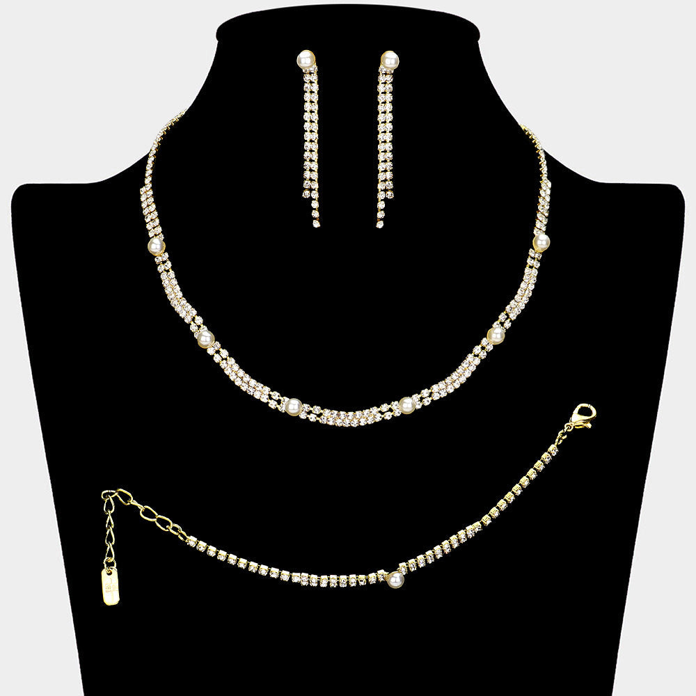 Pearl Cluster Pointed Rhinestone Paved Necklace Jewelry Set