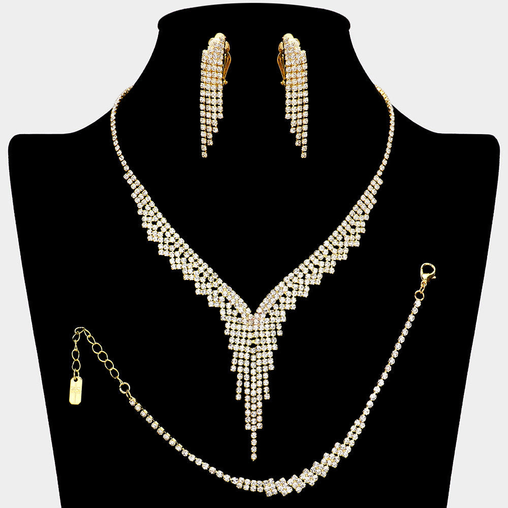 Rhinestone Paved Fringe Necklace Jewelry Set