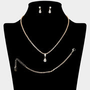 Teardrop Stone Cluster Pendant Pointed Rhinestone Paved Jewelry Set