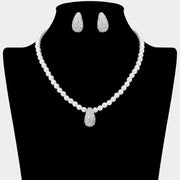 Rhinestone Paved Teardrop Pendant Beaded Pearl Necklace