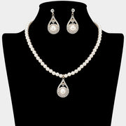 Pearl Accent Rhinestone Paved Teardrop Pendant Pearl Necklace