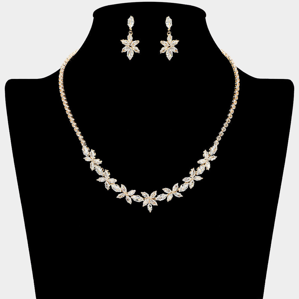 Marquise Floral CZ Stone Cluster Link Rhinestone Paved Necklace