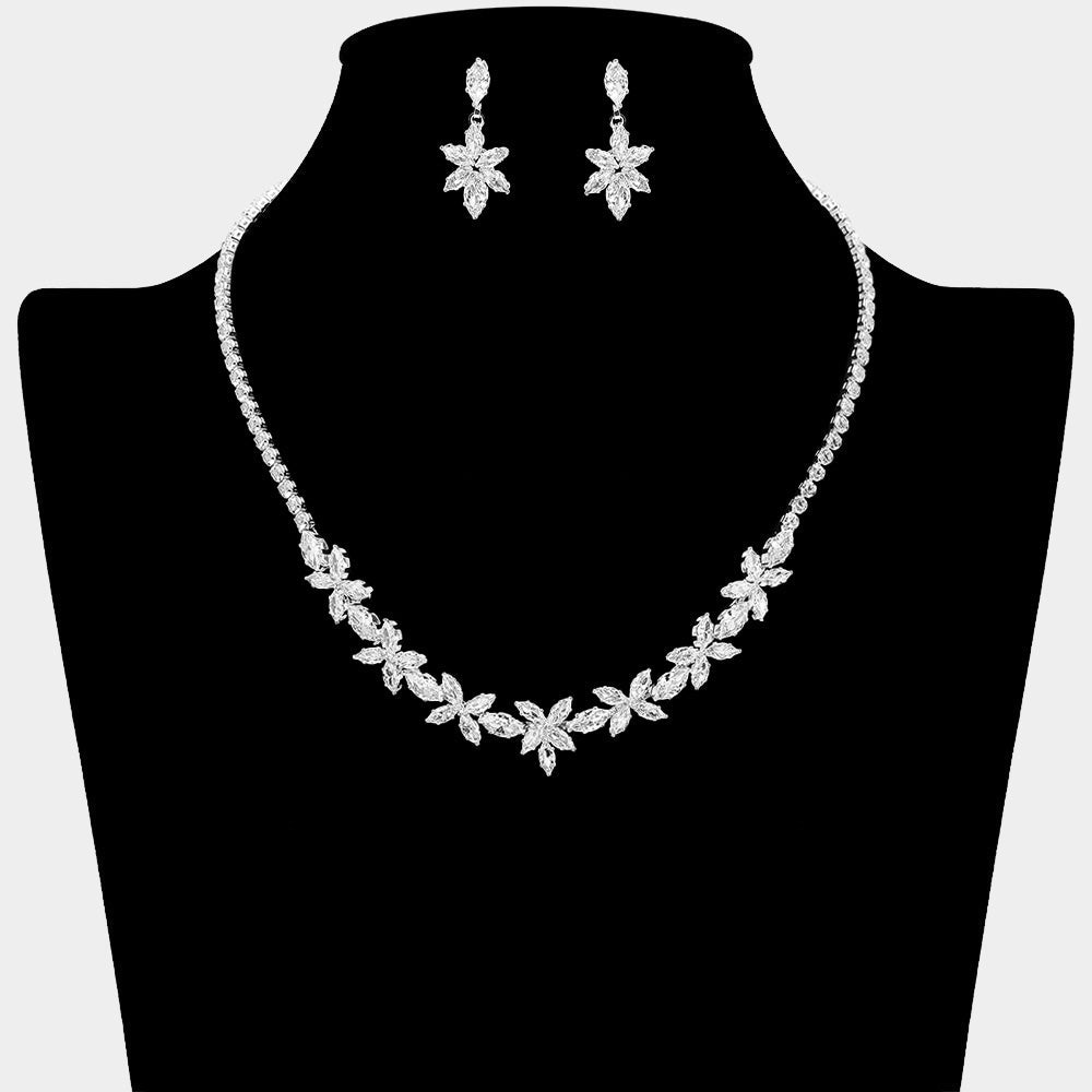 Marquise Floral CZ Stone Cluster Link Rhinestone Paved Necklace