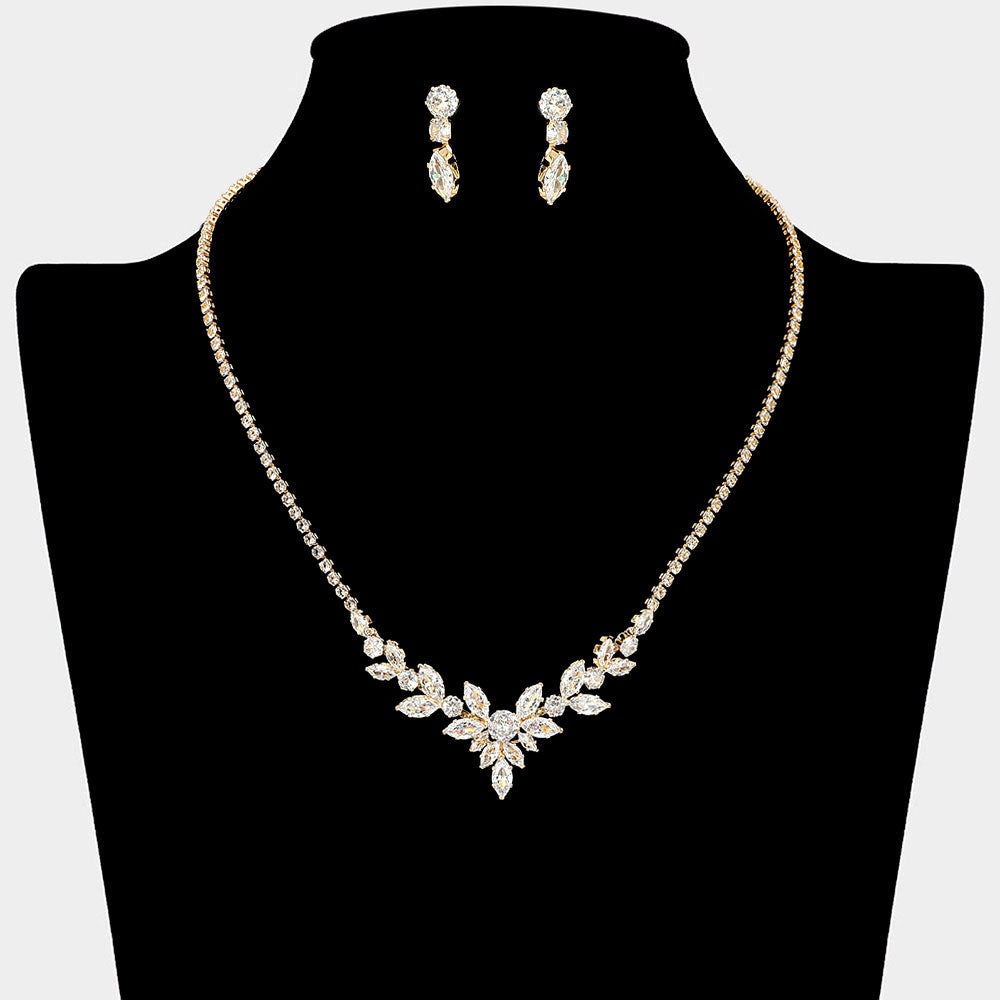 Marquise CZ Stone Cluster Accent Rhinestone Necklace