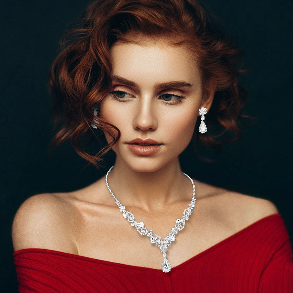 Teardrop Stone Cluster Accent Rhinestone Paved Y Shape Necklace