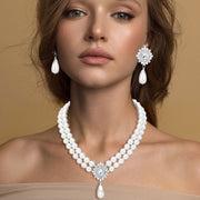 Glamours Oval Rhinestone Pendant Accent Double Strand Pearl Necklace