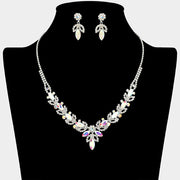 Marquise Stone Cluster Leaf Drop Rhinestone Paved Necklace