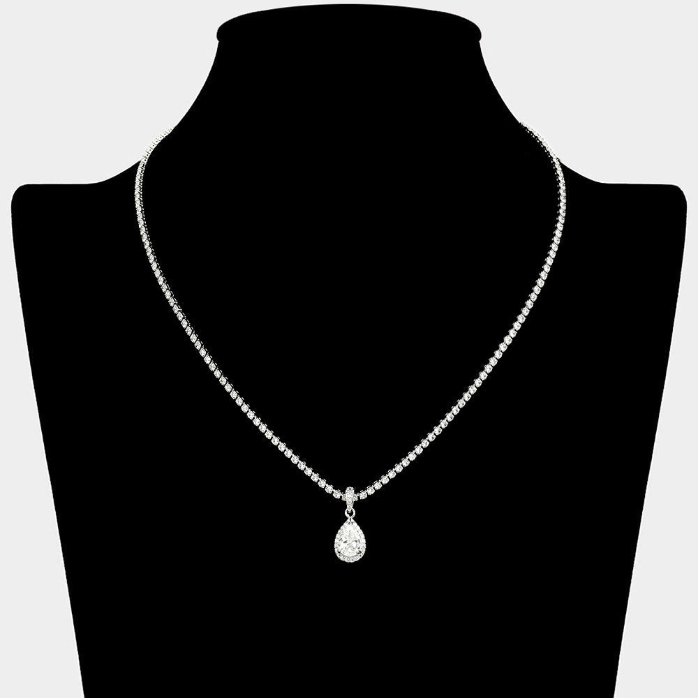 Teardrop CZ Stone Pendant Rhinestone Paved Necklace