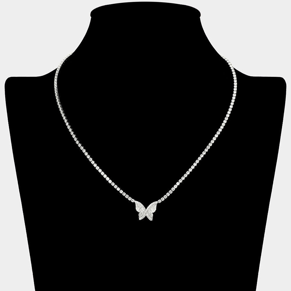 Dainty Butterfly CZ Stone Pendant Accent Rhinestone Paved Necklace