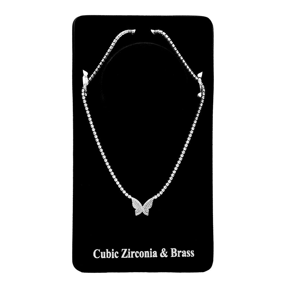 Dainty Butterfly CZ Stone Pendant Accent Rhinestone Paved Necklace