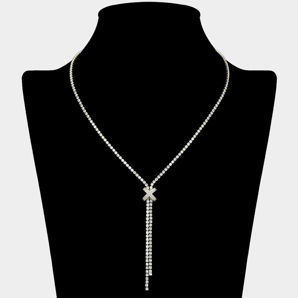CZ Stone Paved X Charm Accent Y Shaped Necklace