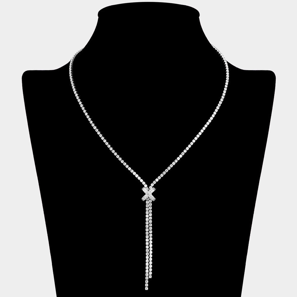 CZ Stone Paved X Charm Accent Y Shaped Necklace