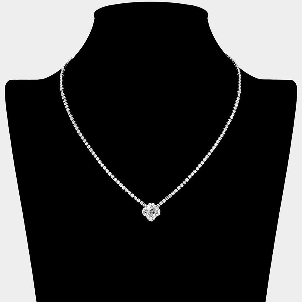 Quatrefoil CZ Stone Pendant Accent Rhinestone Paved Necklace