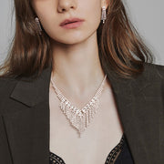 Round Stone Accented Rhinestone Fringe Necklace