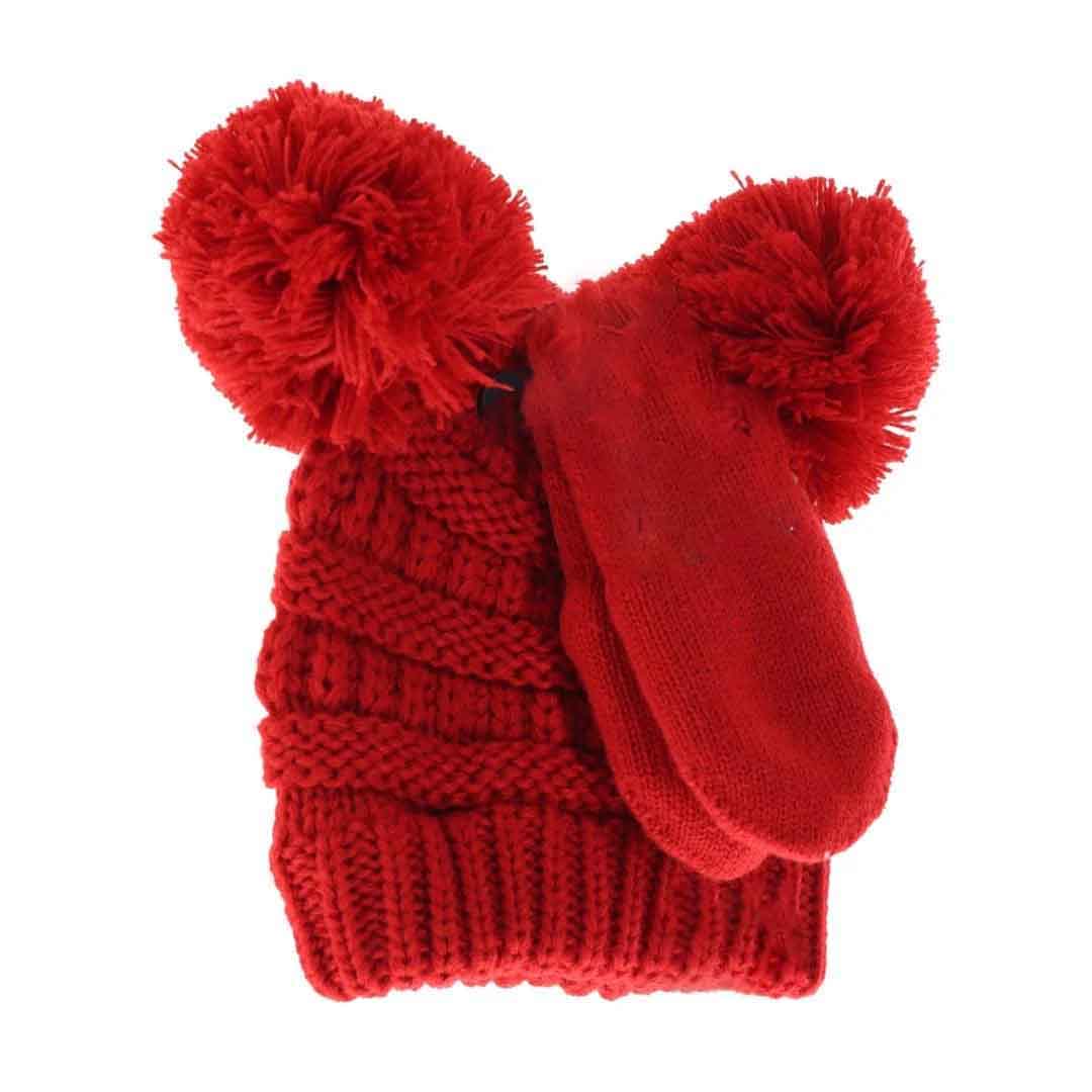 BABY Solid Knit Double Pom C.C Beanie with Mitten SET