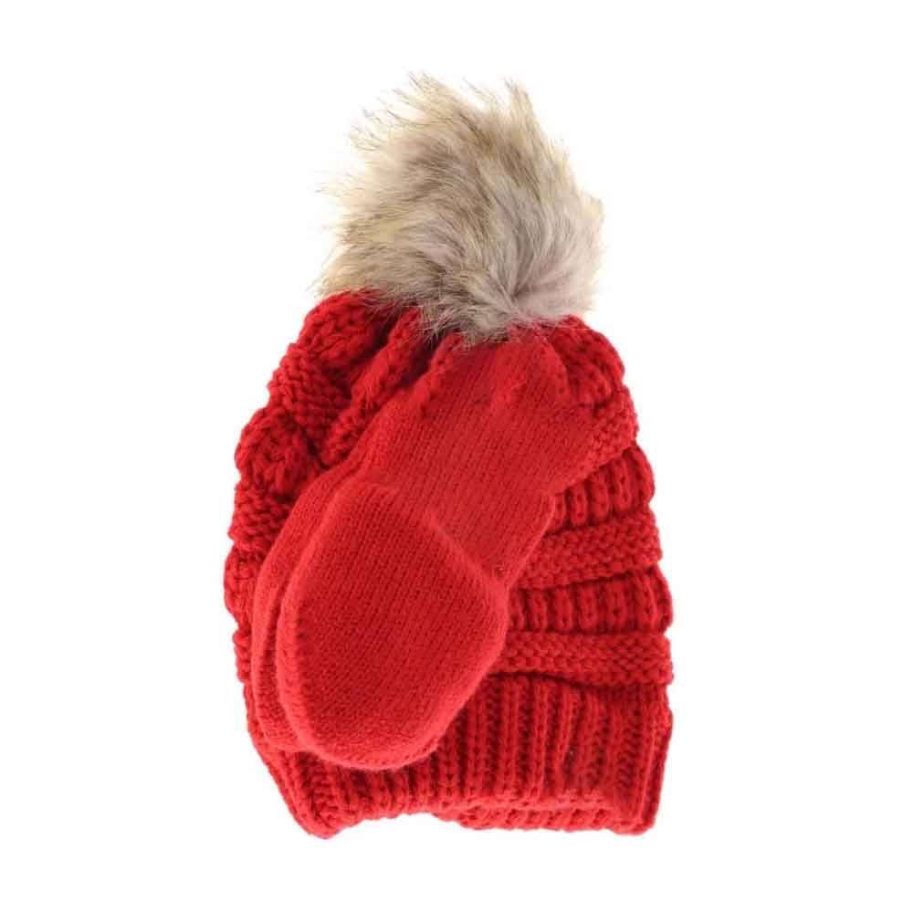 BABY Solid Knit Faux Fur Pom C.C Beanie with Mitten SET