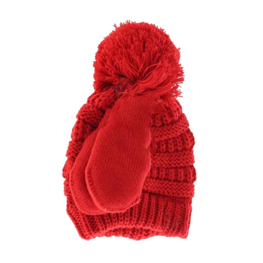 BABY Solid Knit Pom C.C Beanie with Mitten SET