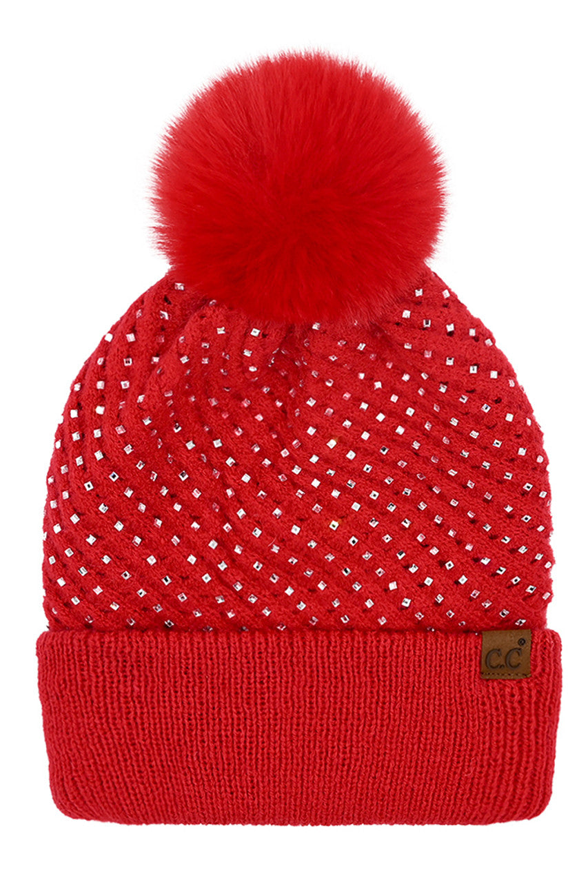 C.C Allover Rhinestone Pom Beanie