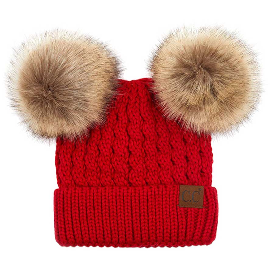 C.C Women's Double Pom All Over Cable Knit Beanie