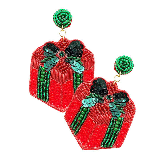 Felt Back Christmas Gift Box Sequin Beaded Dangle Earrings