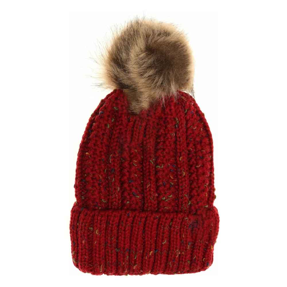 Fuzzy Lined Flecked Fur Pom C.C Beanie