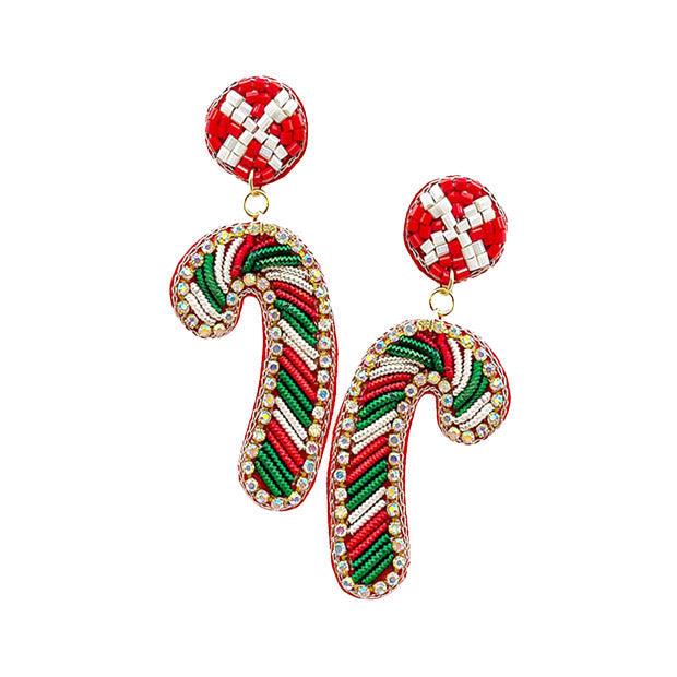 Felt Back Rhinestone Trimmed Candy Cane Dangle Earrings