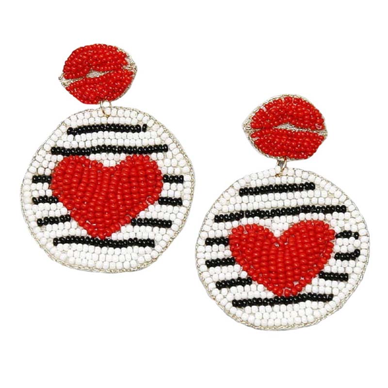 Heart And Lips Seed Bead Disc Earrings