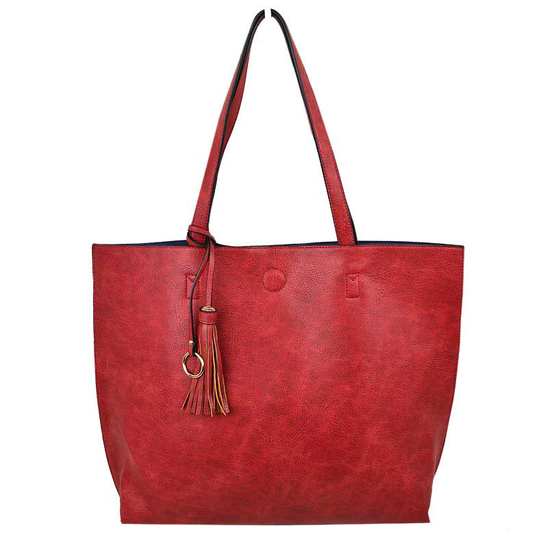 Reversible Faux Leather Tote Bag Vegan Tassel Handbag