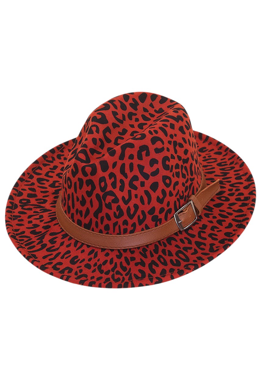 Leopard pattern fedora hat with belt