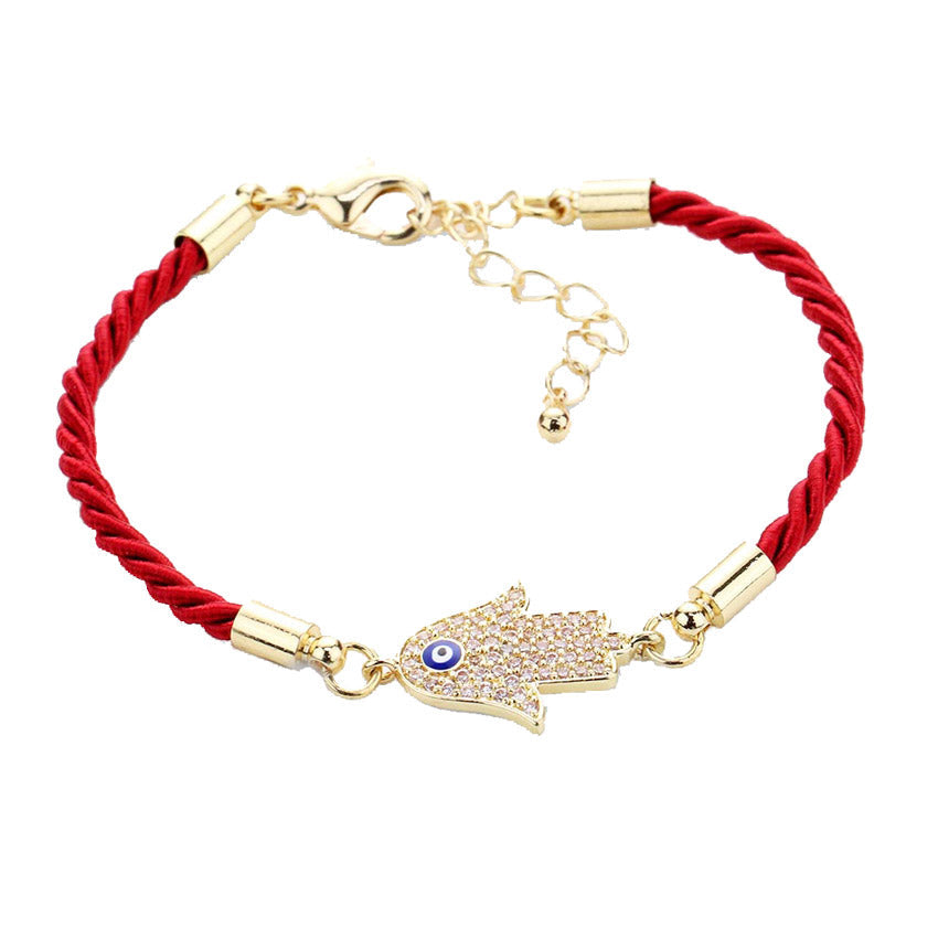 Rhinestone Embellished Detailed Hamsa Hand Enamel Evil Eye Adjustable Charm Bracelet