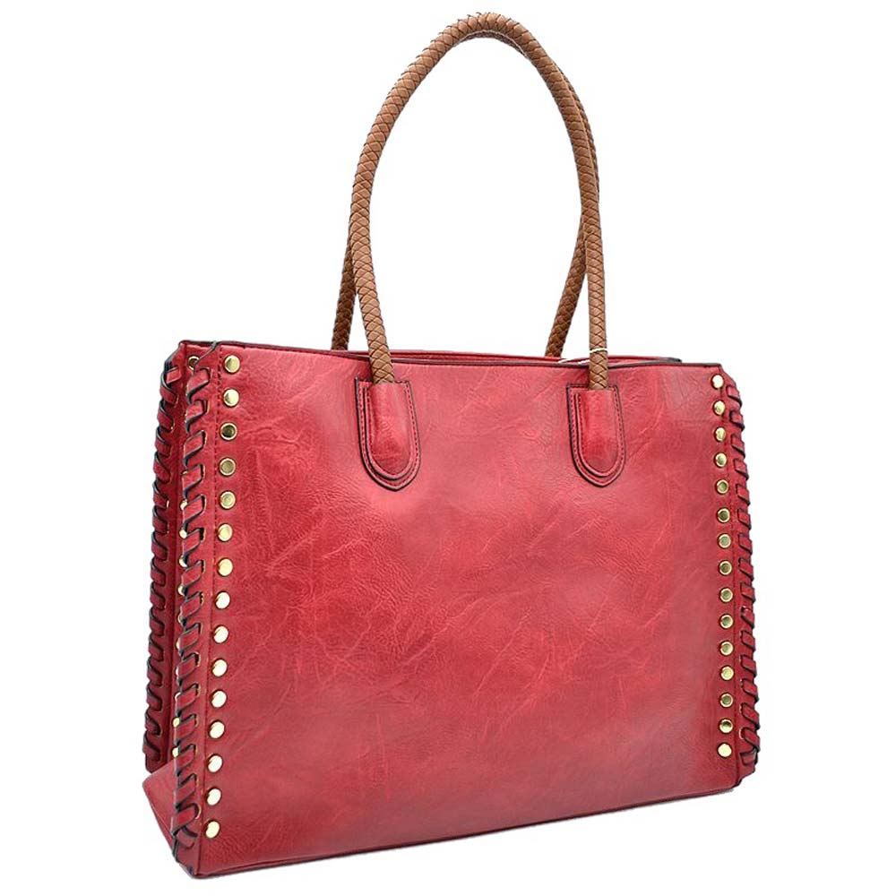 Women's Studded Faux Leather Whipstitch Shoulder Bag Tote